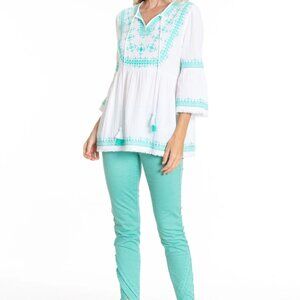 Embroidered White and Teal Tunic Top